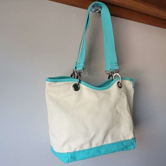 THIRTY-ONE Canvas Crew Carry-All Tote Bag Natural / Turquoise RETIRED - Picture 4 of 12